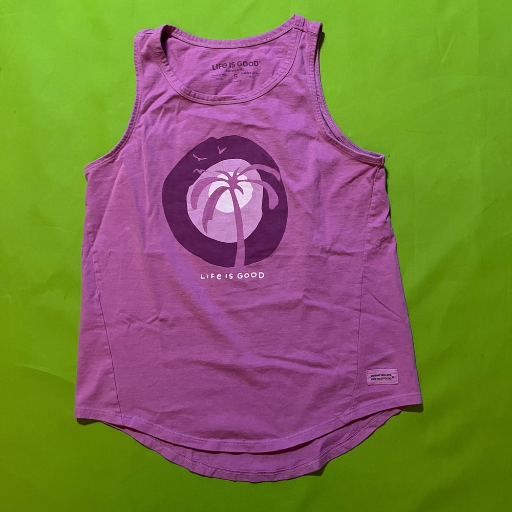 Life is Good Womens Crusher Tee Tank Top Purple Palm Tree Graphic Small
